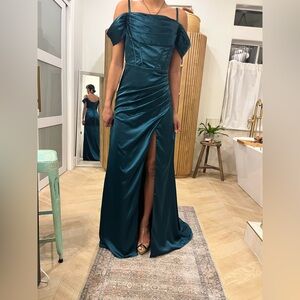 Teal Satin Off-Shoulder Evening Gown with Front Slit